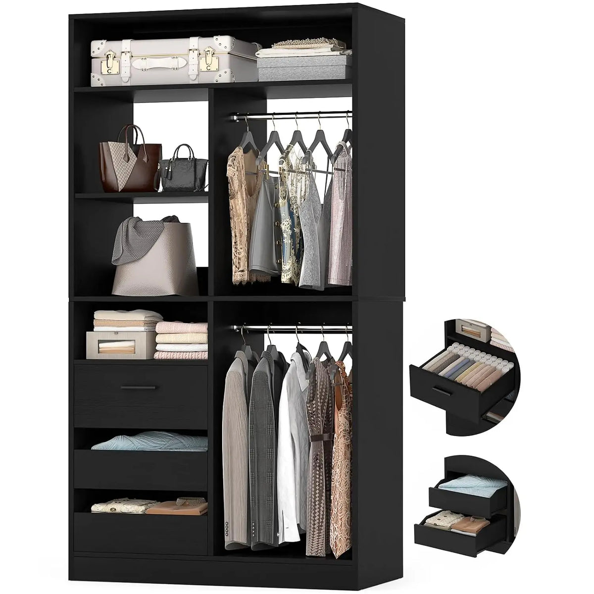 Freestanding Wardrobe Cabinet - 36-Inch Modular Closet Organizer with 3 Drawers, 6 Shelves and Display Niches, Everstock