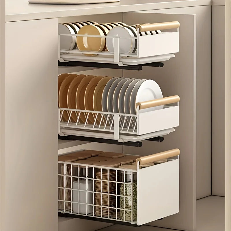 Pull-Out Cabinet Drawer Organizer - Carbon Steel Sliding Rack for Plates, Bowls & Spices, Kitchen Storage, Everstock