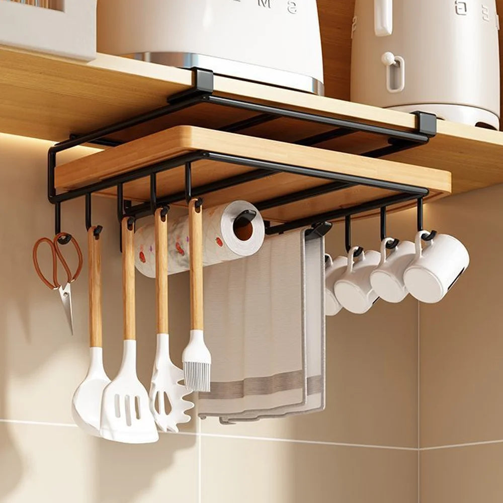 Under-Cabinet Hook Rack - Carbon Steel Hanging Organizer for Towels, Boards & Pot Lids, Kitchen, Everstock