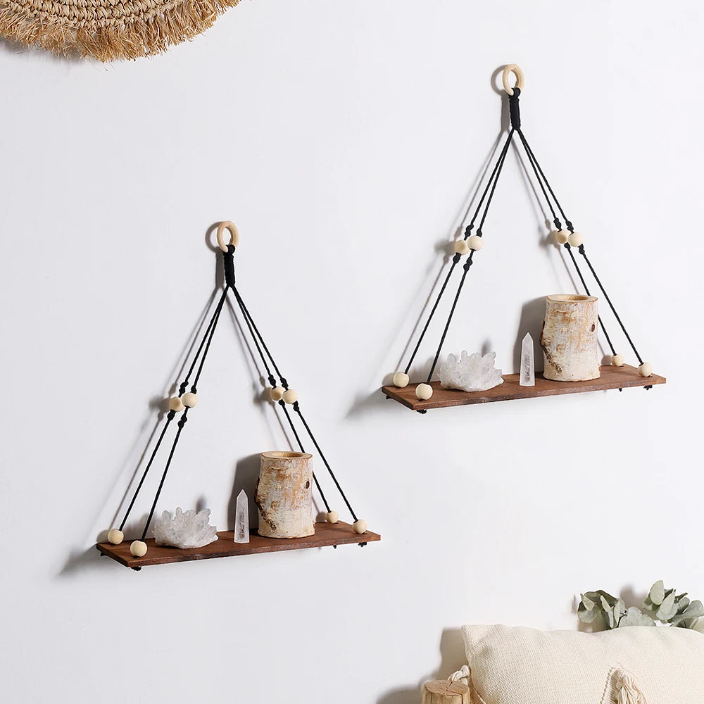 Boho Macrame Wall Shelf 2 Pack - Natural Recycled Wood Hanging Display Shelves with Bead Trim, Everstock