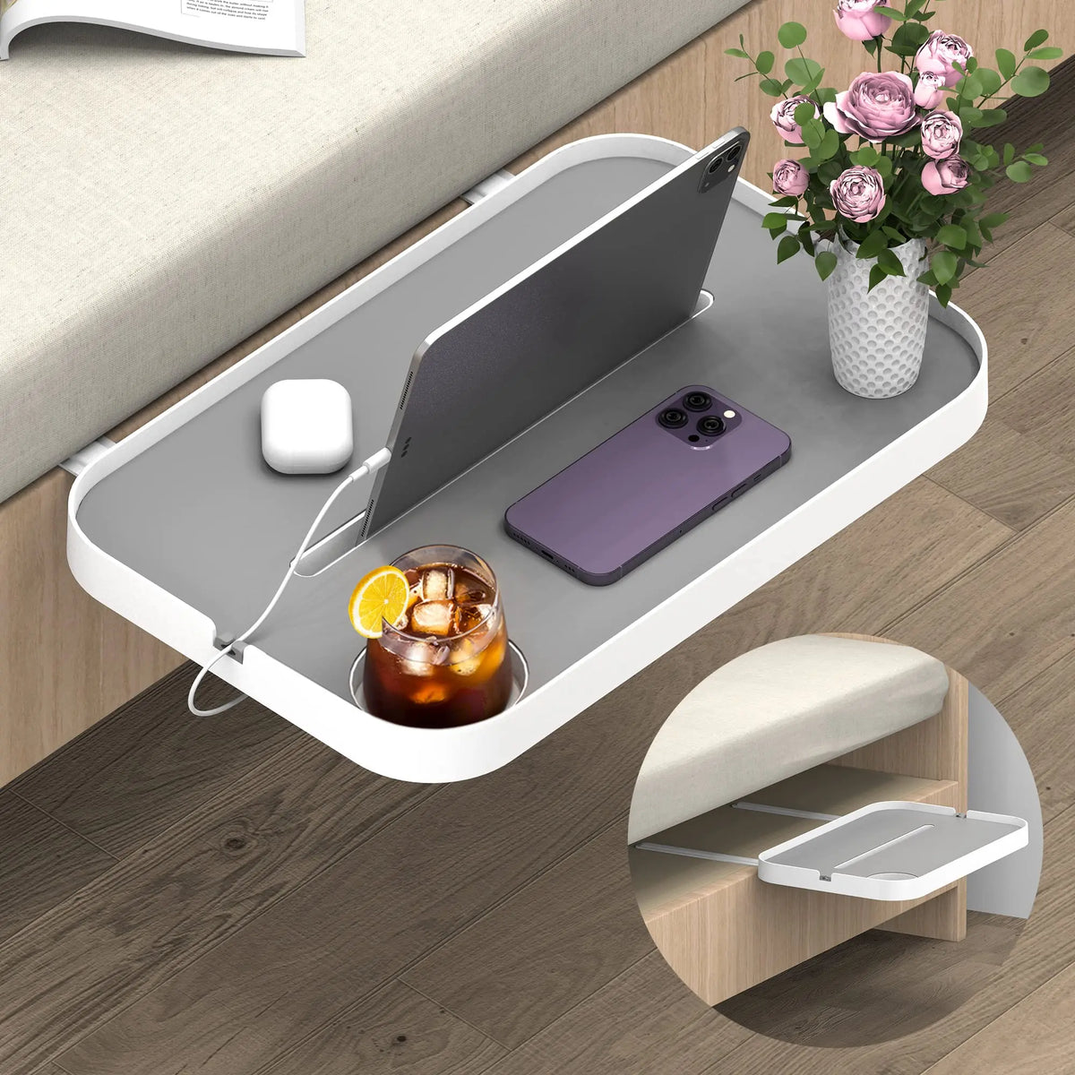 Bedside Shelf Caddy - Under-Mattress Nightstand Tray in ABS and Iron for Bedroom & Dorm Bed Storage, Everstock