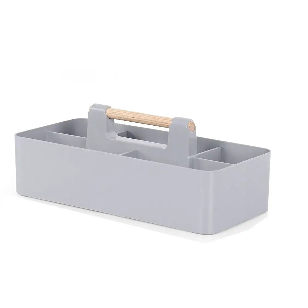 Stackable Desk Organizer Basket - Divided Plastic Tray with Wood Handle for Stationery, Makeup and Desktop Storage, Everstock