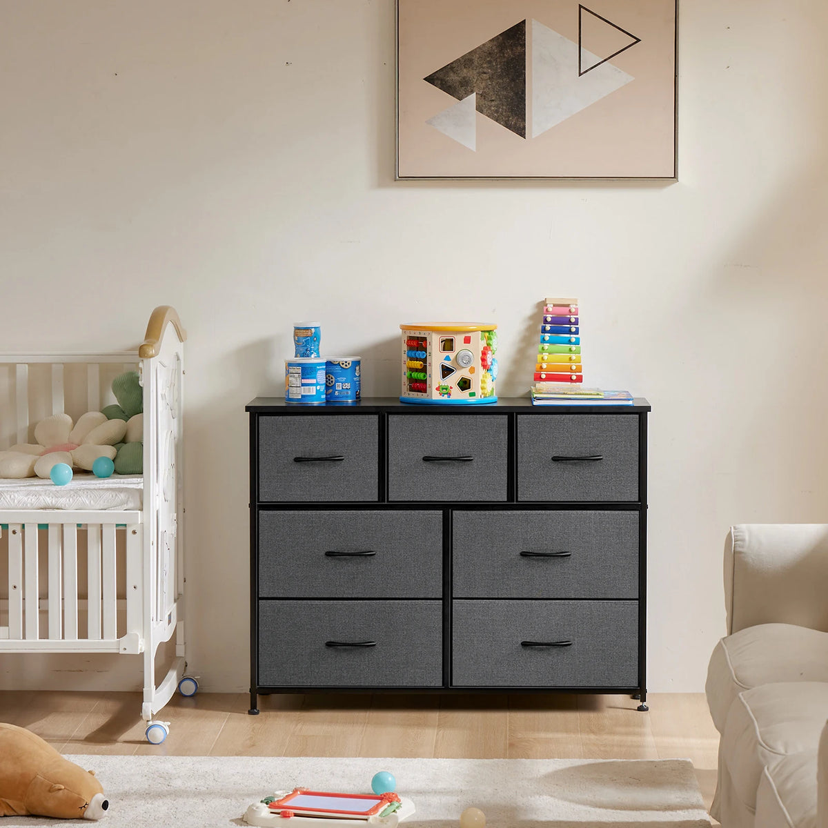 7-Drawer Fabric Dresser - Wood Top Chest of Drawers with Metal Frame for Living Room, Bedroom & Entryway Storage, Everstock
