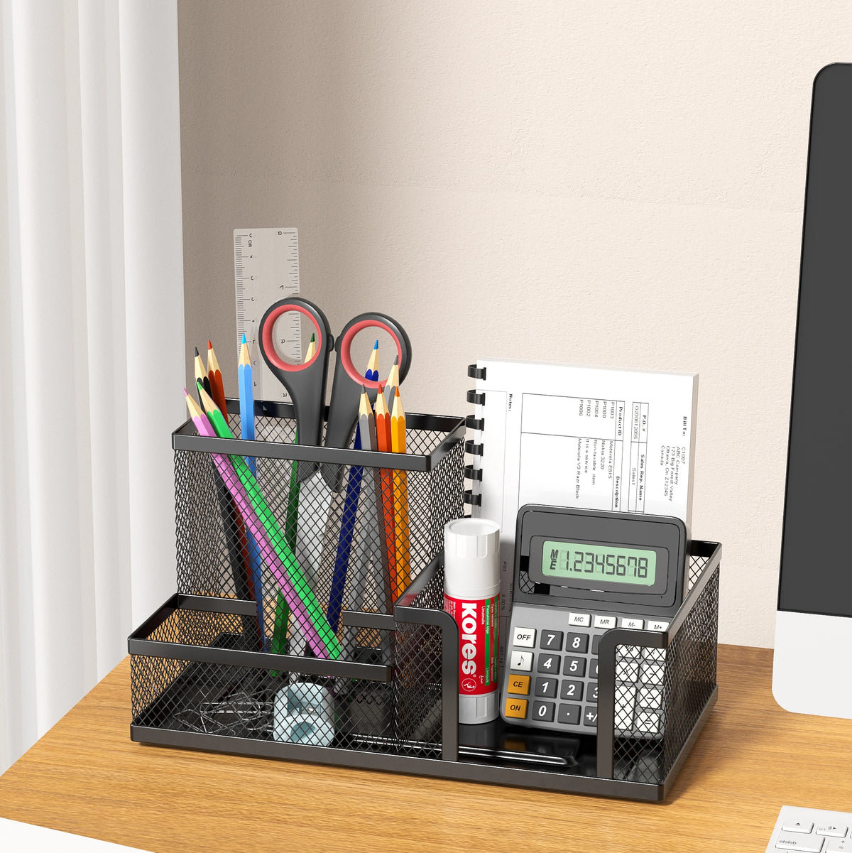 Metal Mesh Pencil Holder Caddy - 3-Compartment Black Desk Organizer with Storage Baskets for Stationery, Everstock