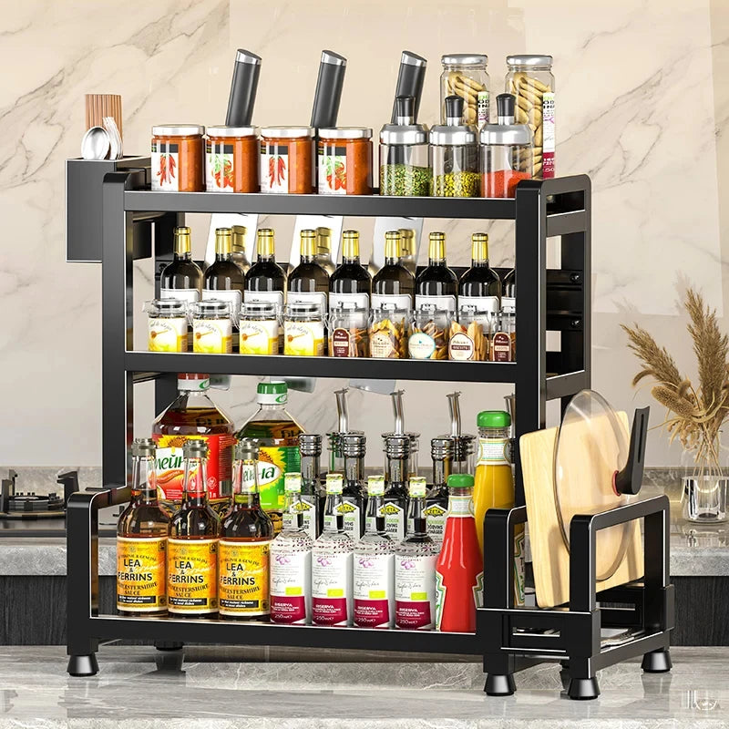 Spice Rack Organizer - 3-Tier Adjustable Metal Shelf with Knife Holder & Hooks, Kitchen Countertop, Everstock