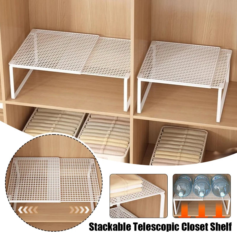 Retractable Closet Shelf Organizer - Carbon Steel Stackable Cabinet Shelf Rack, Adjustable Length for Wardrobes, Everstock