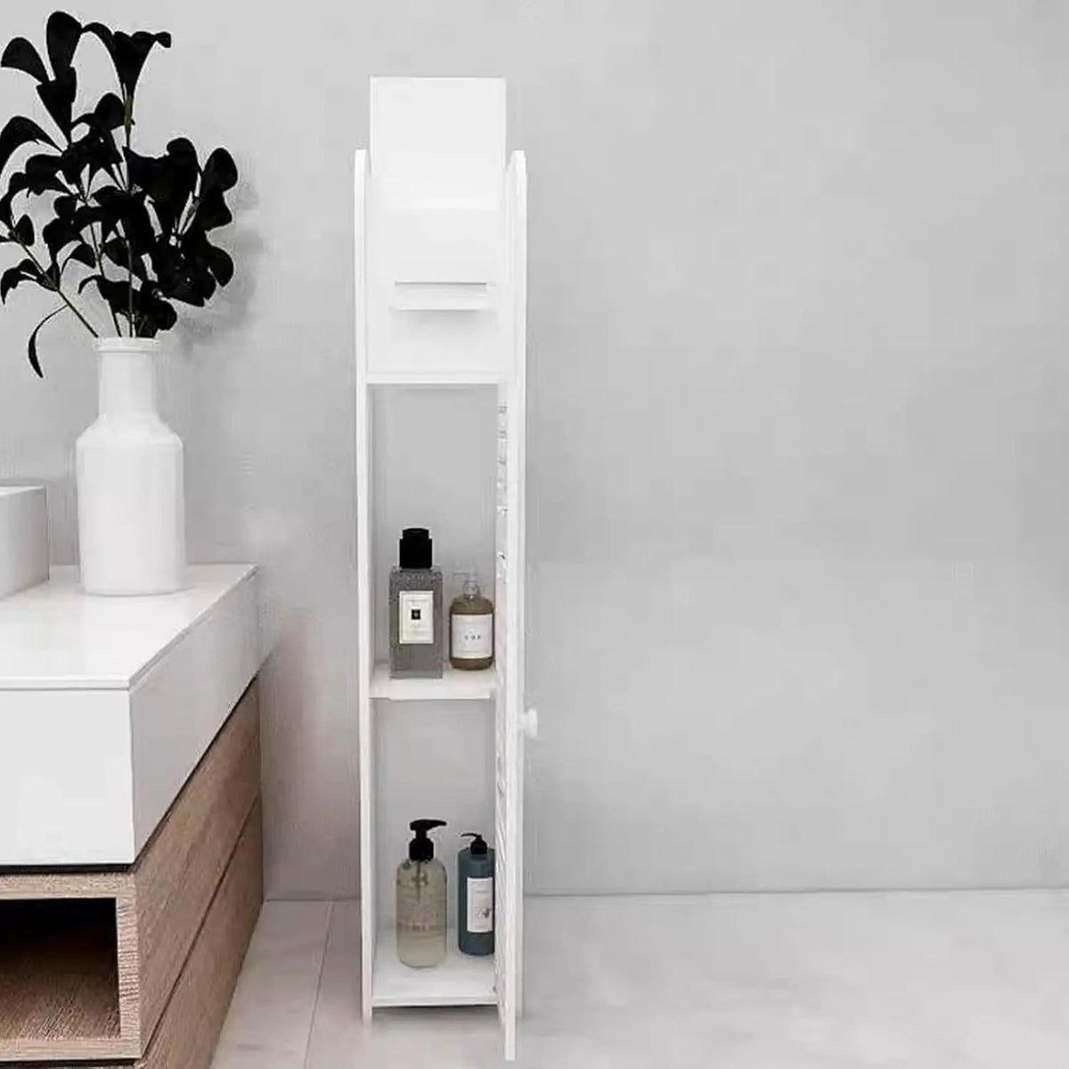 Slim Bathroom Storage Cabinet - Waterproof PVC 4-Tier Corner Unit for Toilet Paper, Towels and Toiletries, Everstock