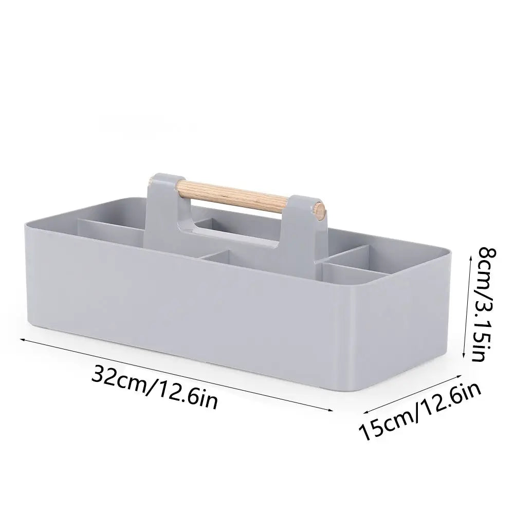 Stackable Desk Organizer Basket - Divided Plastic Tray with Wood Handle for Stationery, Makeup and Desktop Storage, Everstock