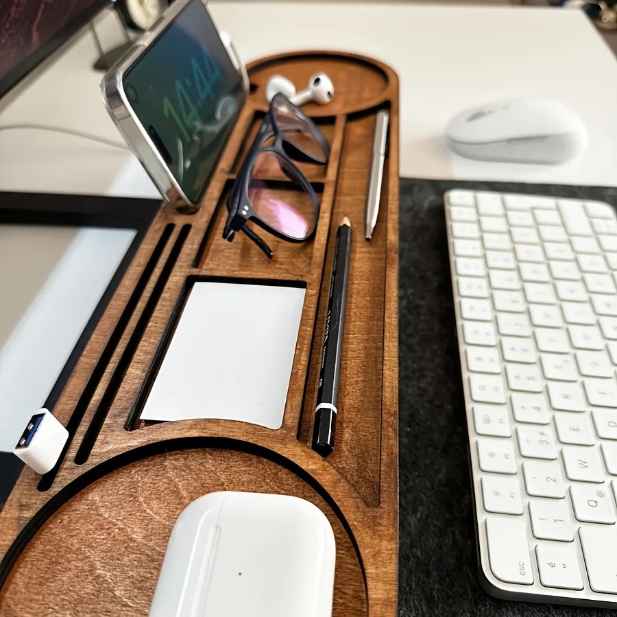 Wooden Desk Organizer with Pen Holder - Natural Wood Multi-Compartment Caddy with Elevated Stand for Stationery, Everstock