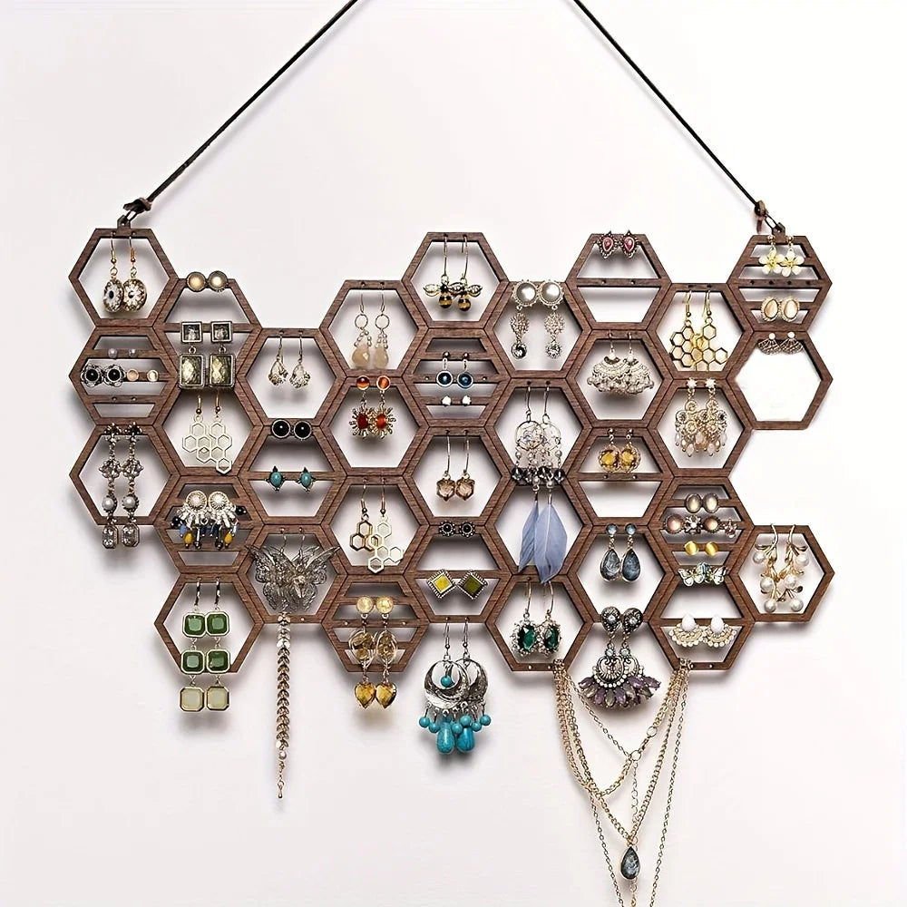 Honeycomb Earring Organizer - Wall-Mounted Wooden Jewelry Display Rack for Bedroom & Vanity, Everstock