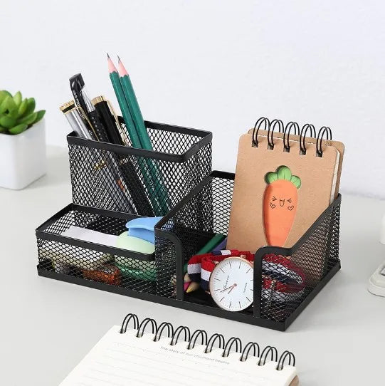 Mesh Desk Organizer Caddy - Black Metal 3-Compartment Pencil Holder with Storage Baskets for Desktop Supplies, Everstock