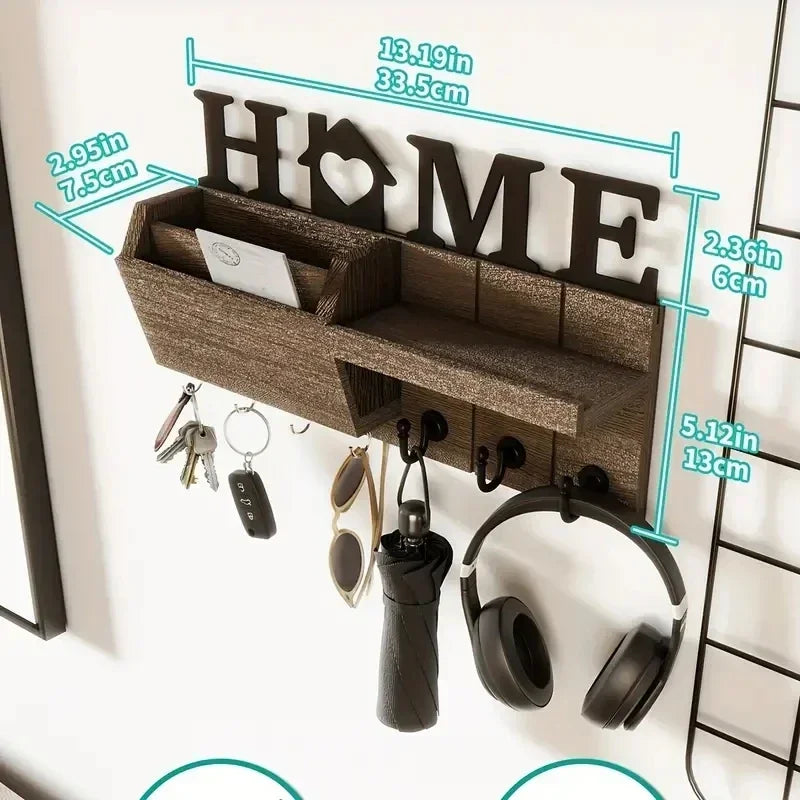 Wooden Wall Key Holder with Shelf - Mail and Key Rack with Large Hooks for Bags, Coats and Umbrellas, Everstock