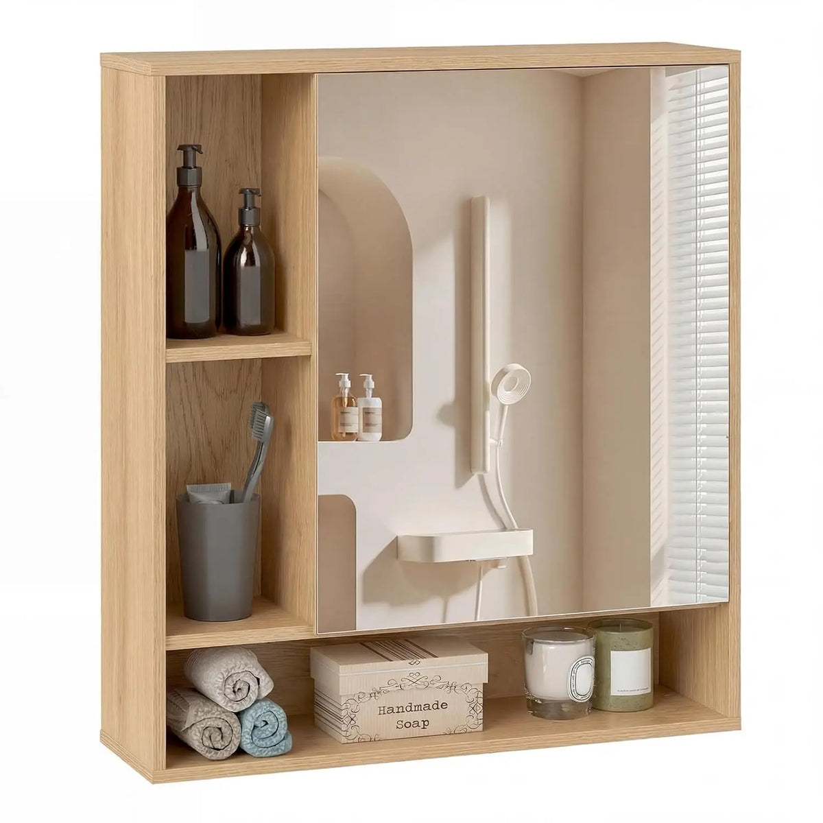 Wall Cabinet with Mirror Door - 3 Open Cubes & Adjustable Shelf Storage for Bathroom, Everstock