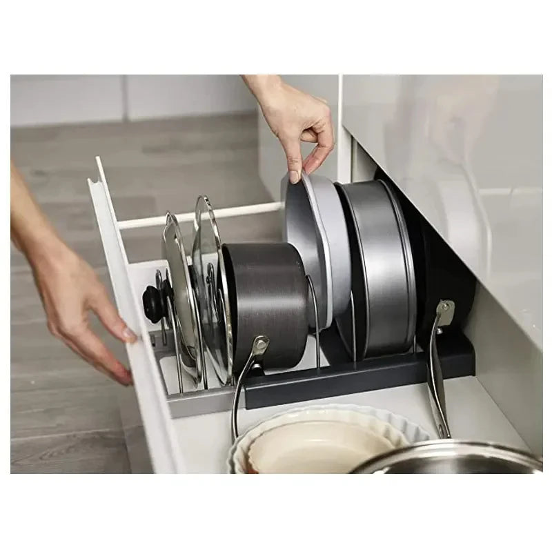 Pot and Pan Organizer Rack - Adjustable Connectable Lid Holder for Cabinets, Drawers & Countertops, Everstock