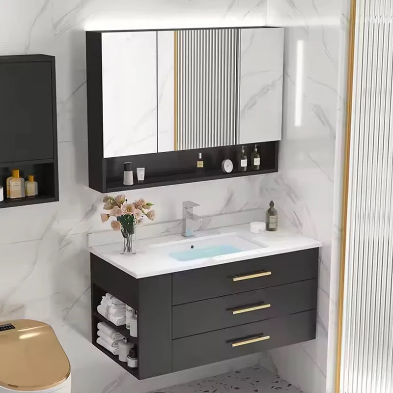 Modern Wooden Vanity Cabinet - Wall-Mounted Bathroom Storage with Mirror & Sink, Everstock