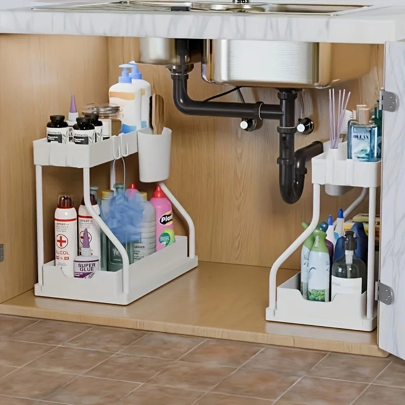 Under-Sink Pull-Out Organizer - 2-Tier Sliding Cabinet Storage Rack for Kitchen & Bathroom, Everstock