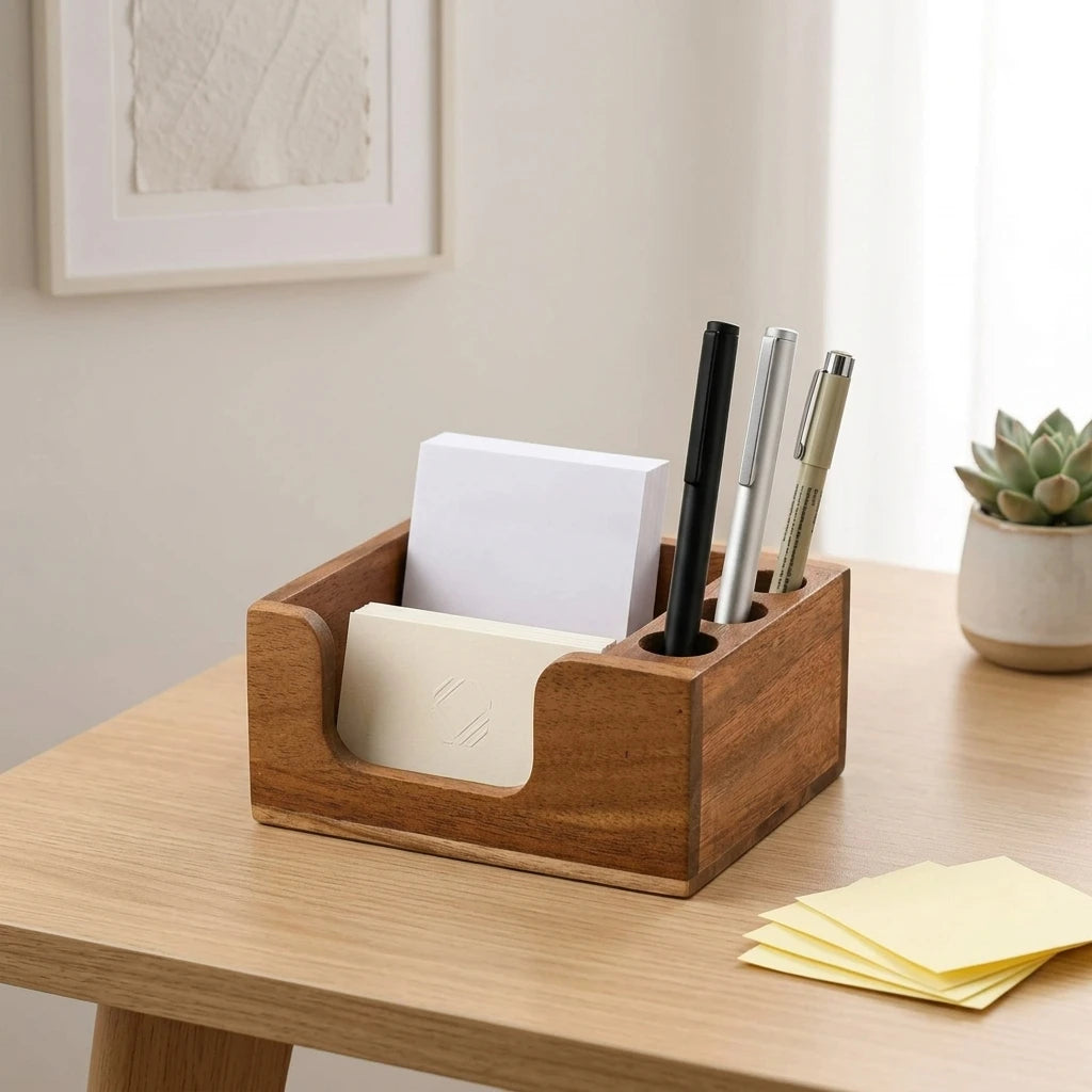 Solid Wood Desk Organizer - Pine and Beech Pen Holder with Compartments, 13 x 8 x 9.5 cm, for Office and Study, Everstock