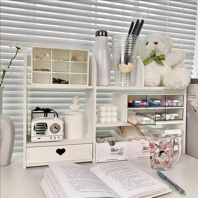 Double-Layer Desktop Organizer Rack - Wood-Plastic Composite Desk Shelf for Stationery, Cosmetics and Office Supplies, Everstock