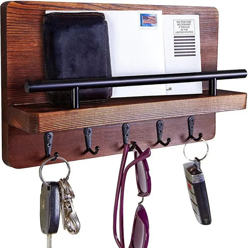 Wooden Wall Key Holder with Shelf - Mail and Key Rack with Large Hooks for Bags, Coats and Umbrellas, Everstock
