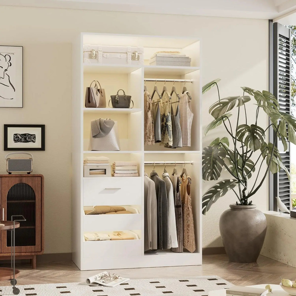 Freestanding Wardrobe Cabinet - 36-Inch Modular Closet Organizer with 3 Drawers, 6 Shelves and Display Niches, Everstock