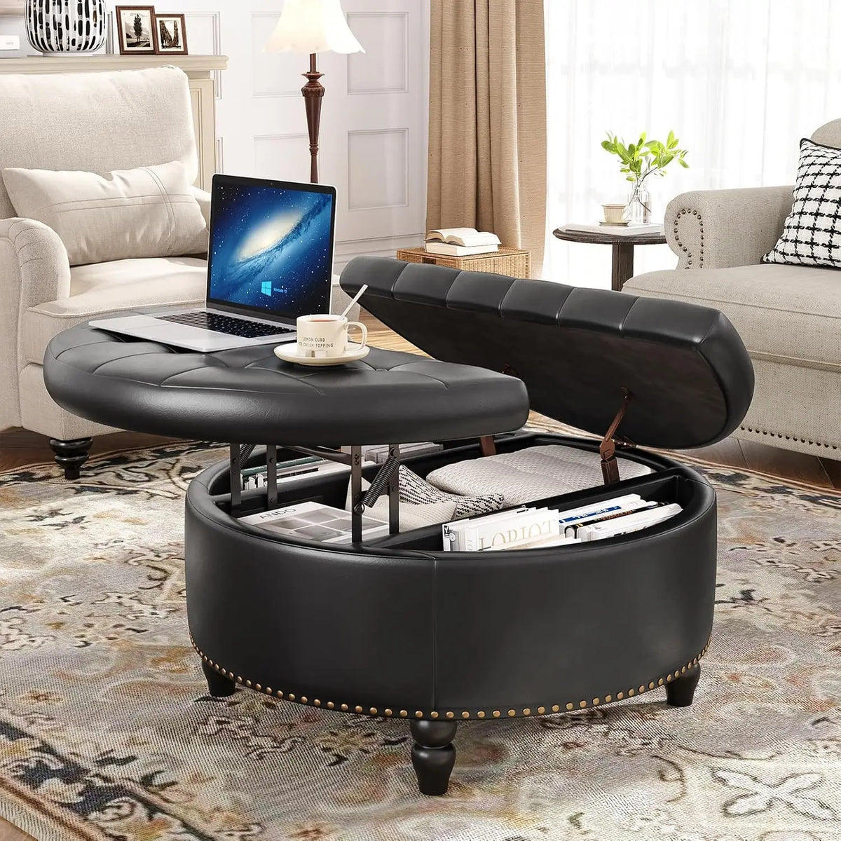 Round Lift-Top Storage Ottoman - PU Leather Coffee Table with Button-Tufted Seat and Wooden Legs for Living Room, Everstock