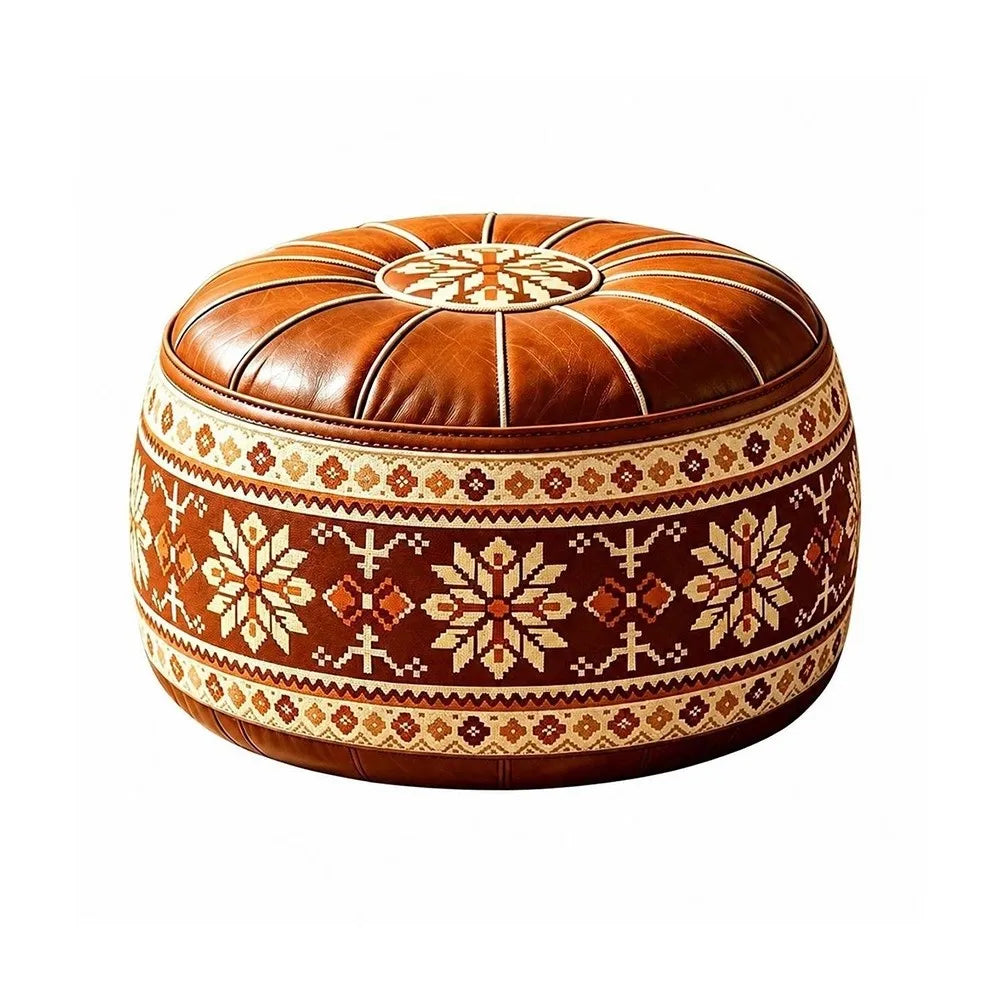 Fillable Storage Ottoman Pouf - Round Moroccan PU Leather Floor Seat, 53 x 53 x 35cm, for Living Room, Everstock