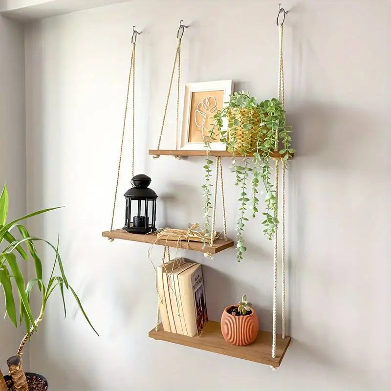 3-Tier Hanging Wall Shelf - Adjustable Macrame Wood Plant Shelf for Living Room and Bedroom, Everstock