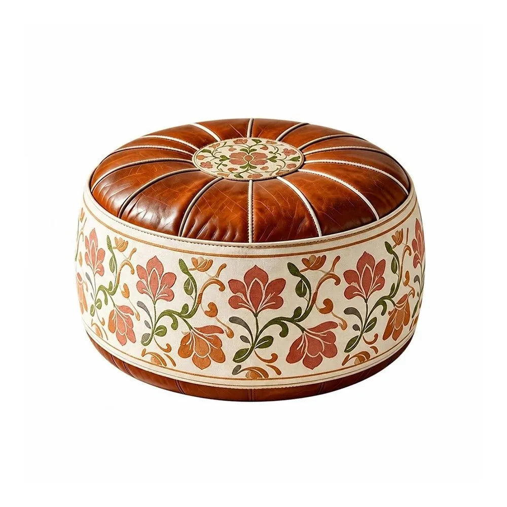 Fillable Storage Ottoman Pouf - Round Moroccan PU Leather Floor Seat, 53 x 53 x 35cm, for Living Room, Everstock