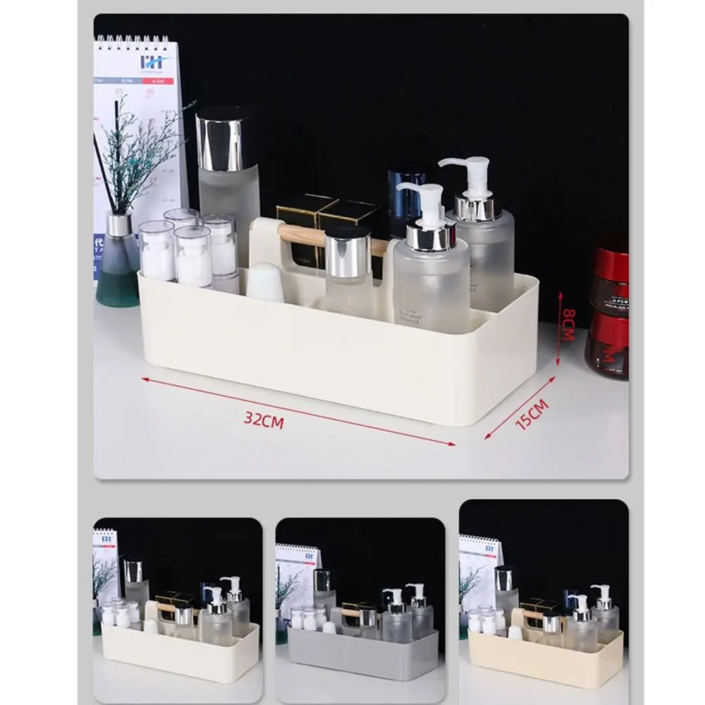 Stackable Desk Organizer Basket - Divided Plastic Tray with Wood Handle for Stationery, Makeup and Desktop Storage, Everstock