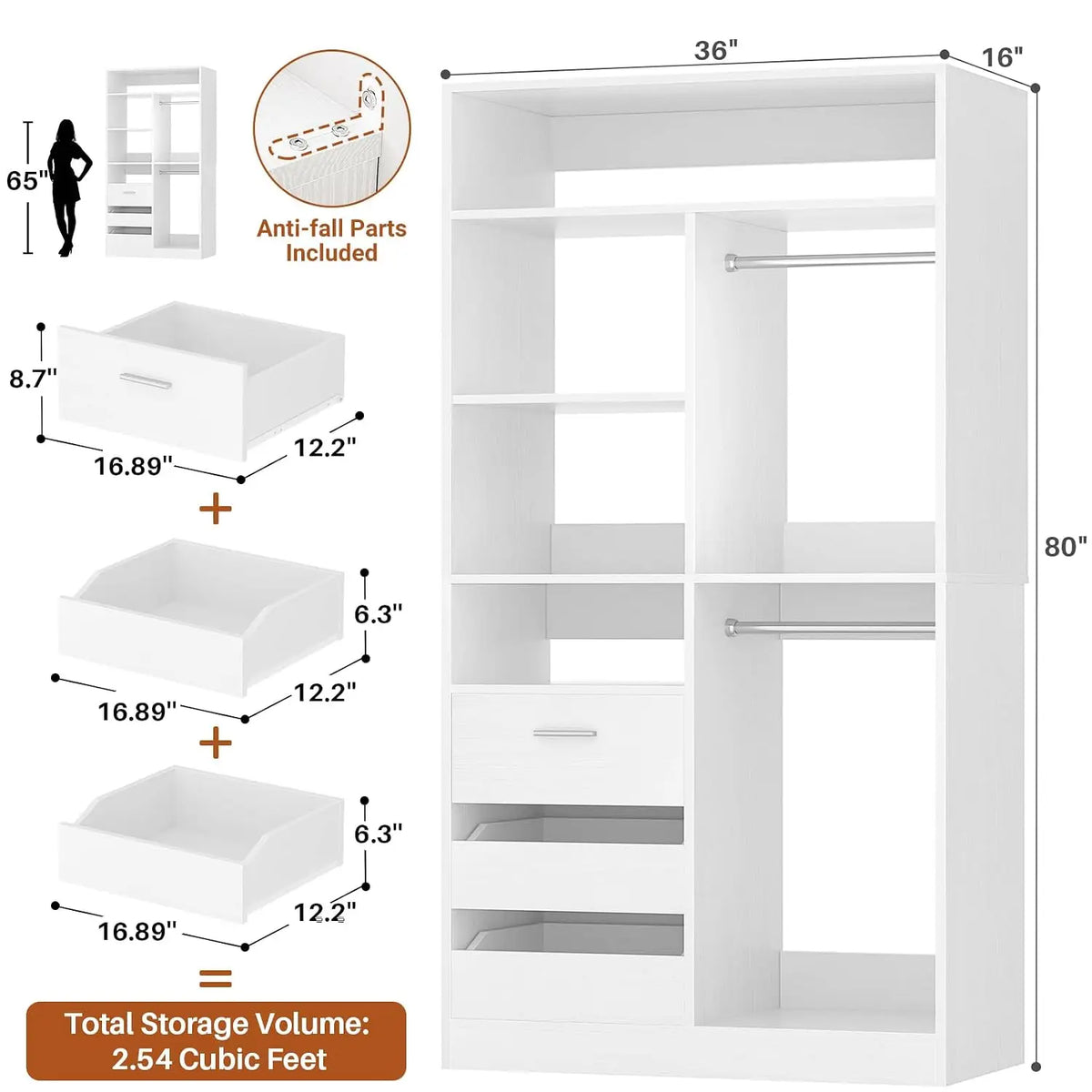 Freestanding Wardrobe Cabinet - 36-Inch Modular Closet Organizer with 3 Drawers, 6 Shelves and Display Niches, Everstock