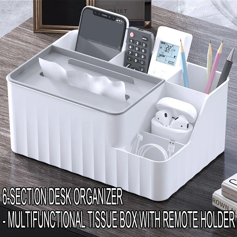 Tissue Box Organizer with Remote Holder - 6-Section Plastic Caddy for Living Room Tables and Desks, Everstock
