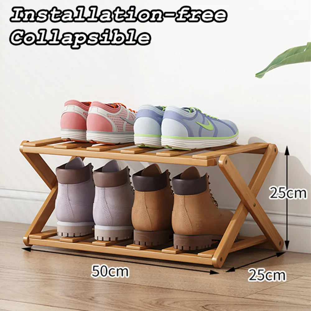 Foldable Bamboo Shoe Rack - 2 to 3 Tier Free-Standing Shelf for 9 to 12 Pairs of Shoes and Plant Pots, Everstock