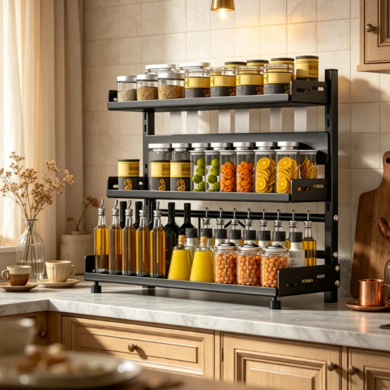 3-in-1 Countertop Kitchen Organizer - Steel Knife Block, Spice Rack & Utensil Holder, 30 lb Capacity, Everstock