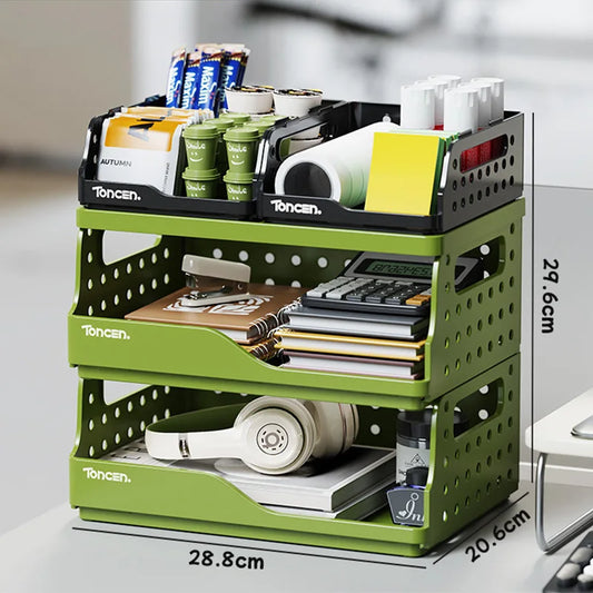 3-Tier Desk Organizer - Stackable Plastic Storage Box with 2 Large and 2 Small Compartments for Office Desktops, Everstock