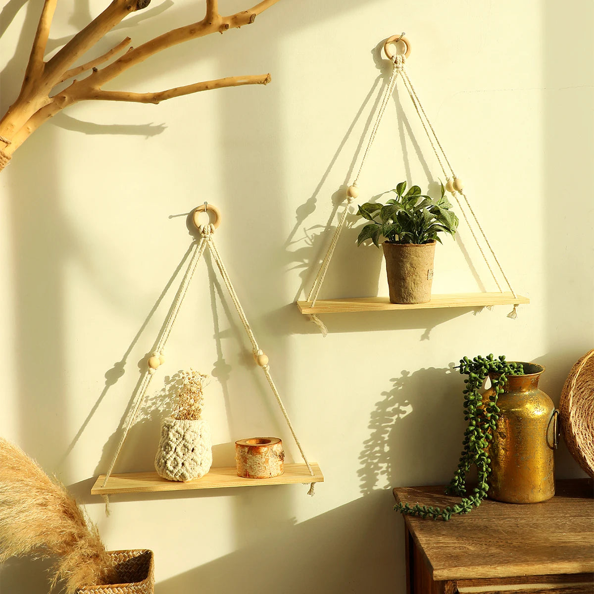 Boho Macrame Wall Shelf 2 Pack - Natural Recycled Wood Hanging Display Shelves with Bead Trim, Everstock