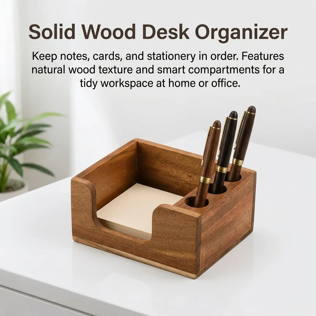 Solid Wood Desk Organizer - Pine and Beech Pen Holder with Compartments, 13 x 8 x 9.5 cm, for Office and Study, Everstock