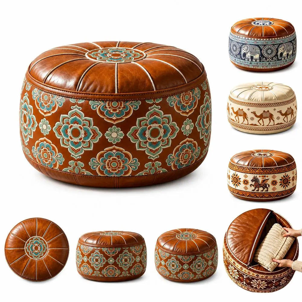 Fillable Storage Ottoman Pouf - Round Moroccan PU Leather Floor Seat, 53 x 53 x 35cm, for Living Room, Everstock