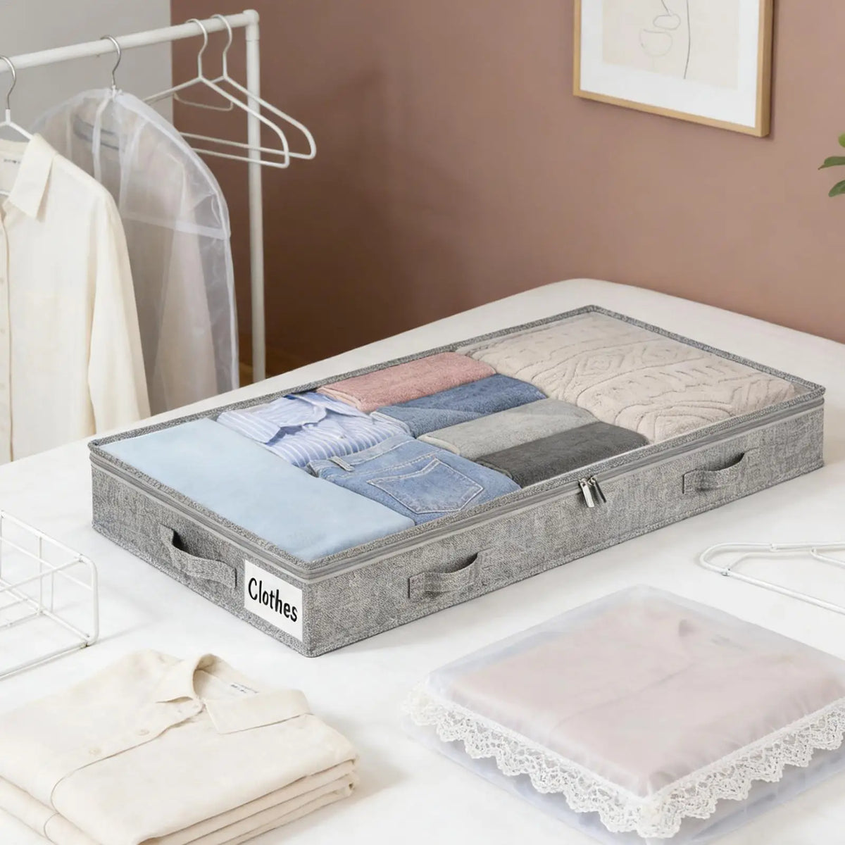 Under-Bed Storage Bag with Clear Lid - Rolling Non-Woven Organizer, 39.4 x 19.7 x 3.9 in, for Blankets and Winter Clothes, Everstock