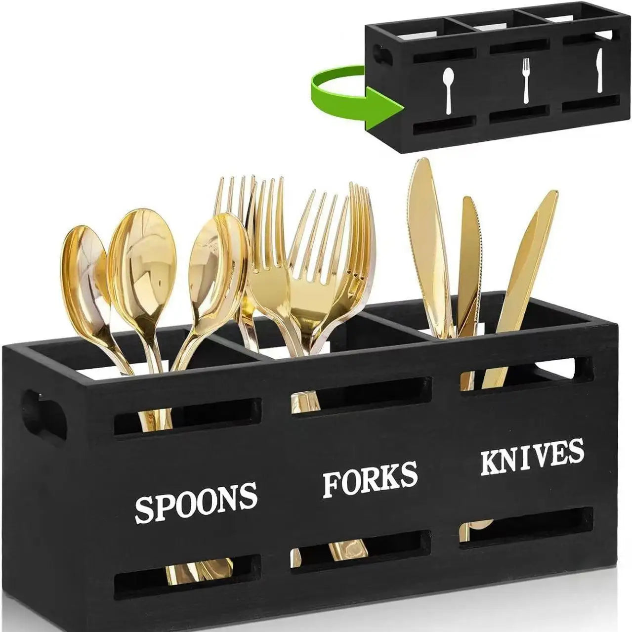 Wooden Utensil Holder Organizer - Rustic Cutlery Rack for Forks, Knives & Spoons, Farmhouse Kitchen, Everstock