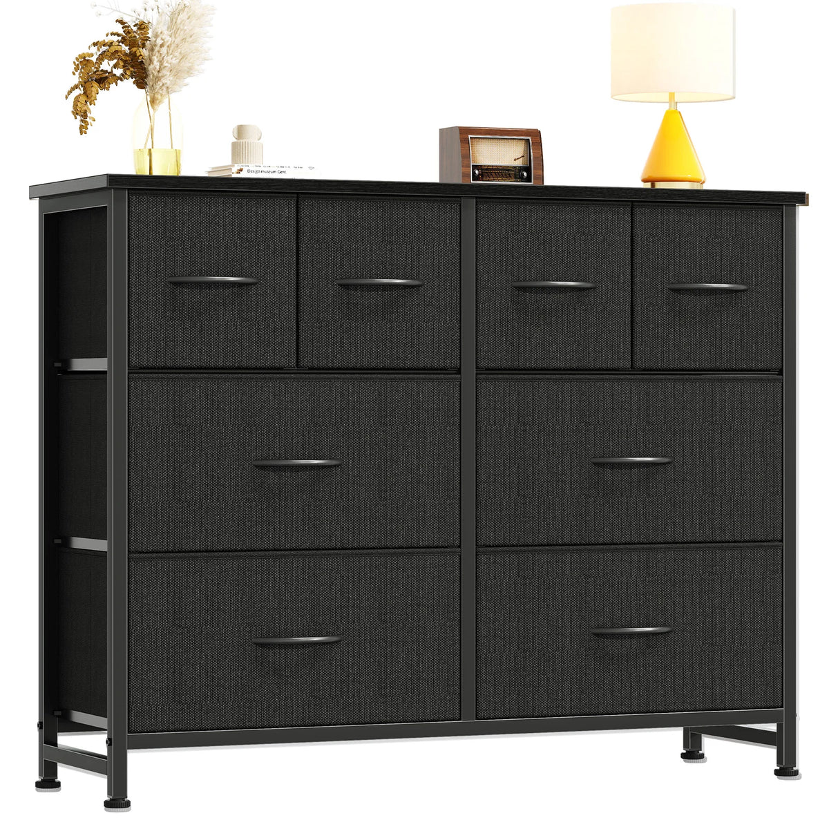 Wide Fabric Dresser & TV Stand - 63-Inch Storage Tower with Wood Top, Metal Frame and Deep Fabric Drawers, Everstock