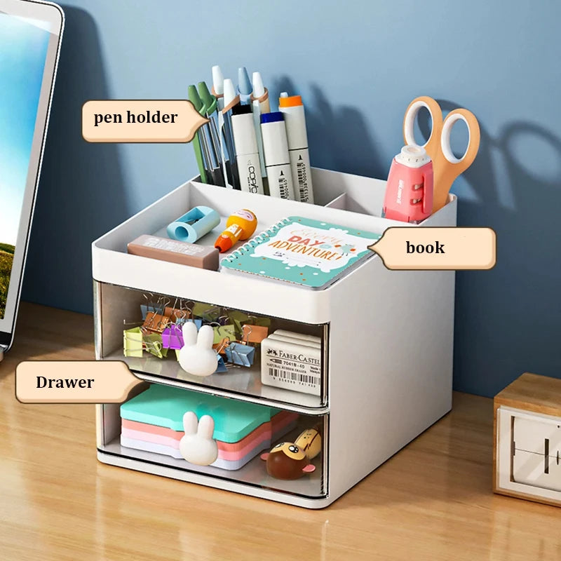 Small Desk Organizer with Drawer - Compact Desktop Storage for Pens, Business Cards & Phone, Office Desk, Everstock