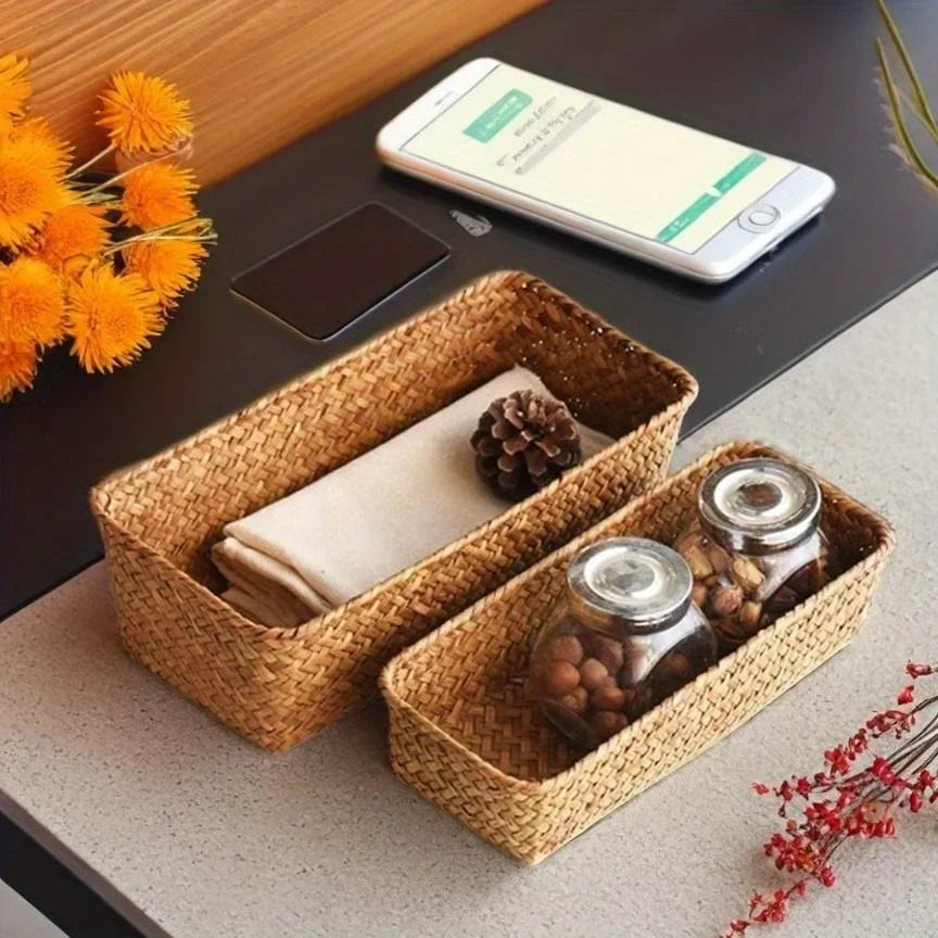 Seagrass Storage Basket - Handwoven Rectangular Organizer for Bathroom Counter, Shelf and Kitchen Sundries, Everstock