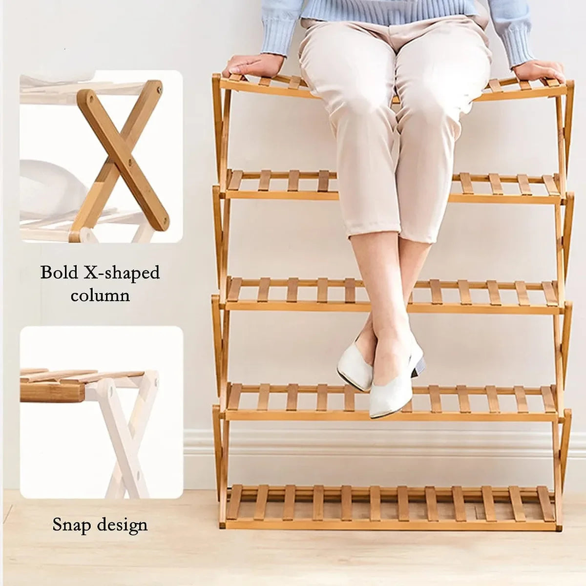 Foldable Bamboo Shoe Rack - 2 to 3 Tier Free-Standing Shelf for 9 to 12 Pairs of Shoes and Plant Pots, Everstock