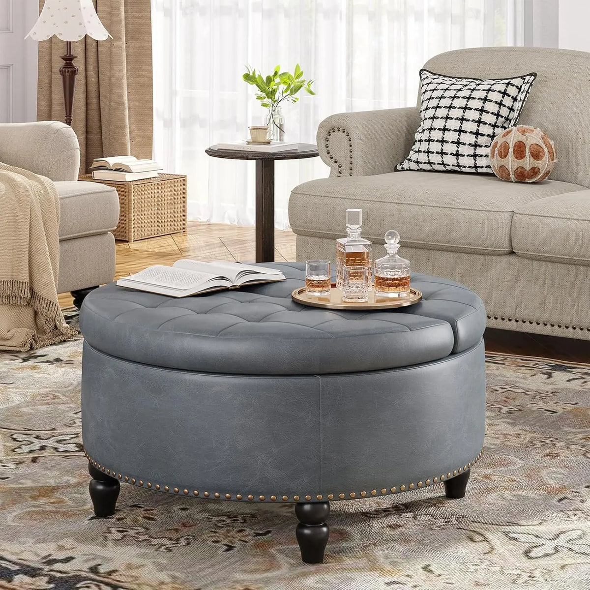 Round Lift-Top Storage Ottoman - PU Leather Coffee Table with Button-Tufted Seat and Wooden Legs for Living Room, Everstock