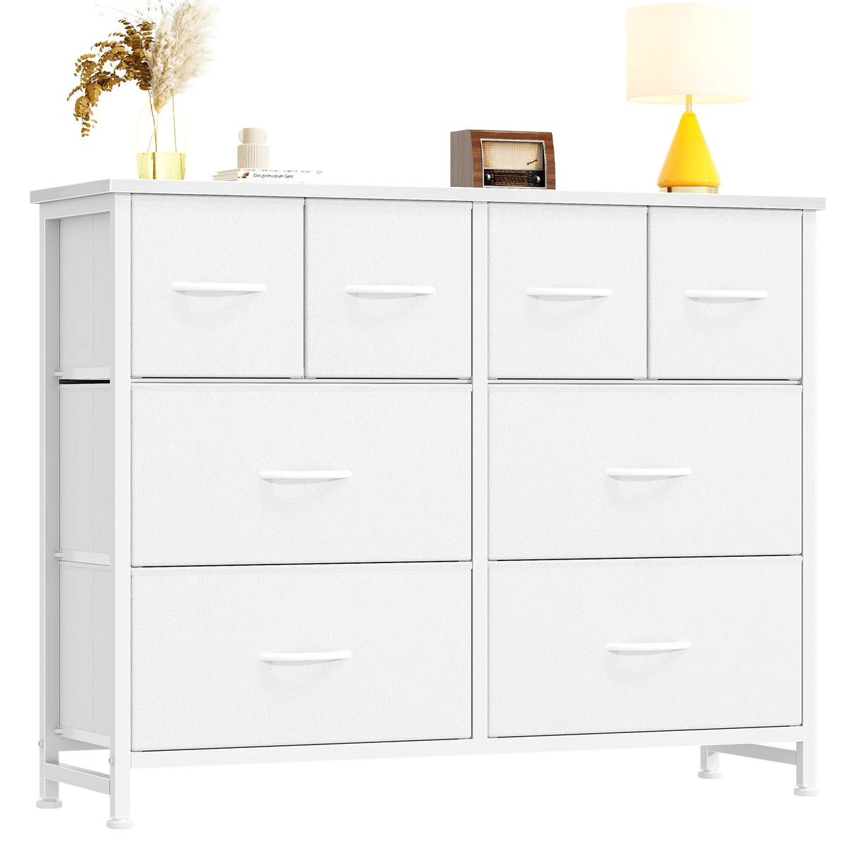 Wide Fabric Dresser & TV Stand - 63-Inch Storage Tower with Wood Top, Metal Frame and Deep Fabric Drawers, Everstock