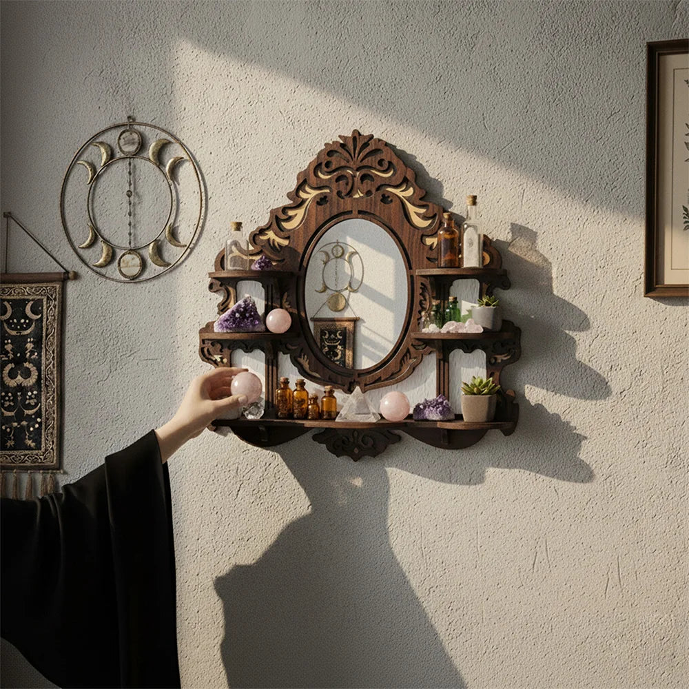 Crystal Display Wall Shelf - Mirrored Wood Floating Ledge for Gothic and Boho Living Room Decor, Everstock