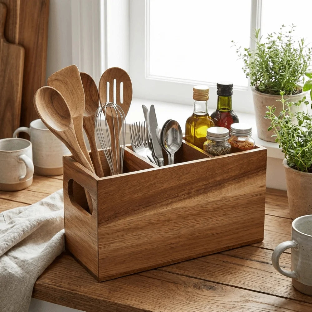 Rustic Cutlery Holder - 3-Section Wooden Countertop Storage Rack for Kitchen Utensils, Everstock