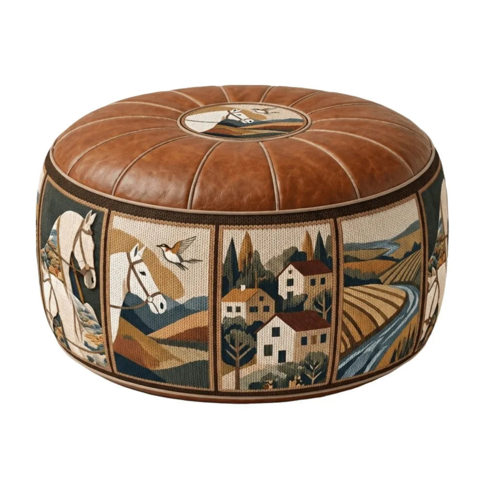 Round Storage Ottoman Pouf Cover - Fillable PU Leather Floor Seat with Boho Pattern, 53 x 35cm, Everstock