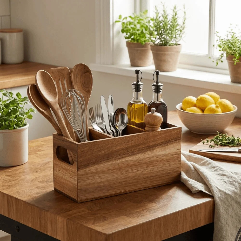 Wooden Utensil Holder - 3-Compartment Countertop Organizer for Spatulas, Spoons & Ladles, Kitchen, Everstock