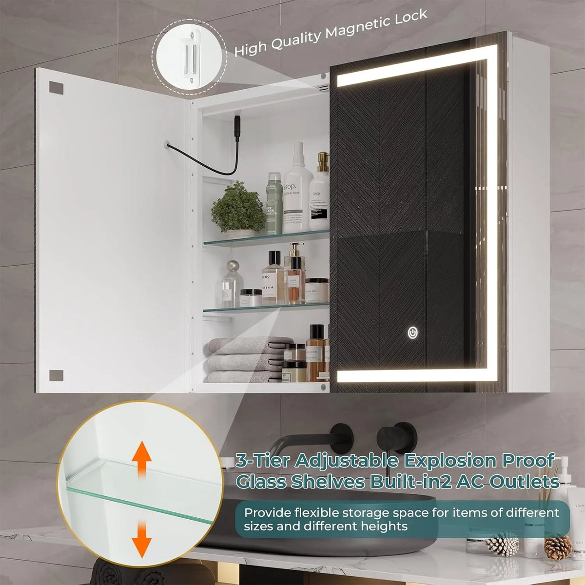 Wall-Mounted Mirror Storage Cabinet - LED Lighted Bathroom Cabinet with Adjustable Shelves, Everstock